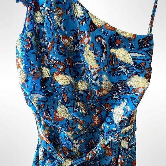 Karina Grimaldi Letitzia Dress LUREX print chiffon blue gold Sz S NWT $306 - Picture 7 of 11